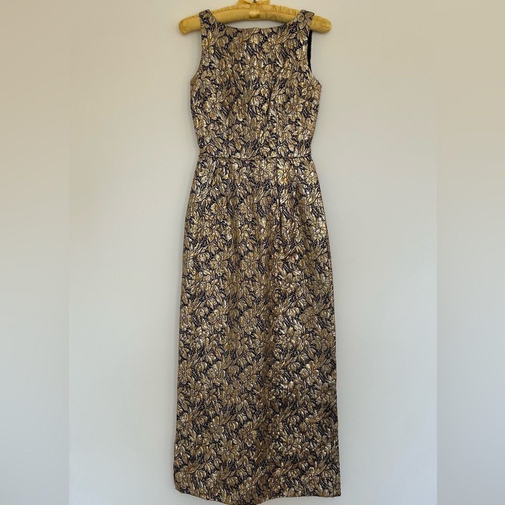 Vintage 1950s - 1960s Metallic Gold Floral Brocade Cocktail Party Dress XS/Small